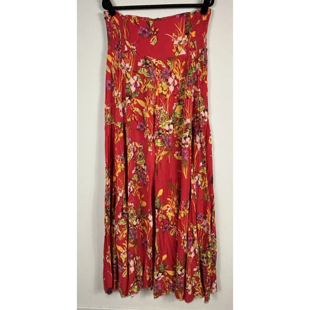 Free People One Pants L Red Aloha Floral Tie Waist Wide Leg Boho Resort Vacation